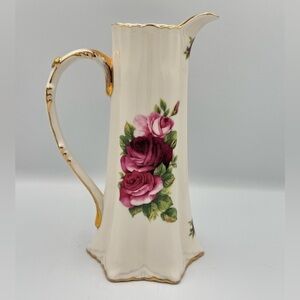 Vintage Victorian Rose Ceramic Pitcher with Gold Accents by Cracker Barrel